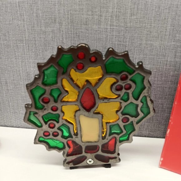 VTG Cast Iron Tiffany Style Tea Light Candle Holder 70s Christmas Stained Glass - Picture 2 of 14